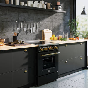 FORNO Espresso Package - 30" Gas Range, Over-The-Range Microwave, 36" Refrigerator with Ice Maker and Dishwasher in Black with Antique Brass Accents, AP4-1116BLK-A9