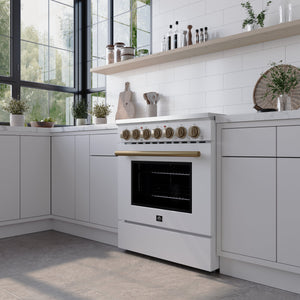 FORNO Paolo Package - 30" Electric Range, Over-The-Range Microwave, 36" Refrigerator with Water Dispenser/Ice Maker and Dishwasher in White with Antique Brass Accents, AP4-6011WHT-A14