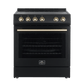 FORNO Espresso Package - 30" Electric Range, Range Hood and Refrigerator in Black with Antique Brass Handles