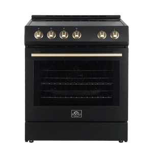 FORNO Espresso Package - 30" Electric Range and Refrigerator in Black with Antique Brass Handles, FBDL-003-02US