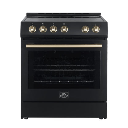 FORNO Espresso Leonardo 30" 5 cu. ft. Electric Range in Black with Antique Brass Handles, FFSEL6012-30BLK
