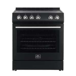 FORNO Espresso Package - 30" Electric Range, Range Hood, Refrigerator and Dishwasher in Black with Stainless Steel Handles