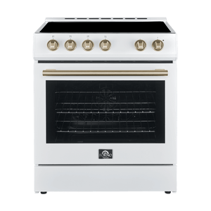 FORNO Espresso Package - 30" Electric Range, Range Hood and Refrigerator in White with Antique Brass Handles, FBDL-001-03US
