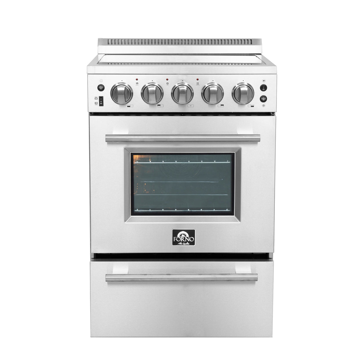 FORNO Loiano 24" 2.3 cu. ft. Freestanding Electric Range with 4 Element Burners, Storage Drawer and Air Fryer Kit in Stainless Steel, FFSEL6069-24