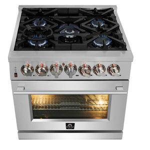 FORNO Massimo 30" 4.32 cu. ft. Freestanding Dual Fuel Range with 5 Sealed Burners, Air Fryer Kit, Wok Support & Griddle in White with Antique Brass Accents, FFSGS6125-30