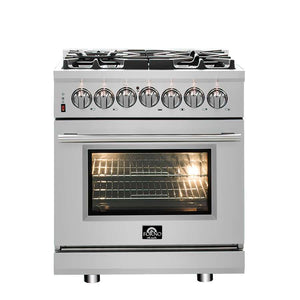 FORNO Massimo 30" 4.32 cu. ft. Freestanding Dual Fuel Range with 5 Sealed Burners, Air Fryer Kit, Wok Support & Griddle in White with Antique Brass Accents, FFSGS6125-30