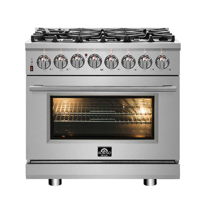 FORNO Massimo 36″ 5.36 cu. ft. Freestanding Dual Fuel Range with 6 Sealed Burners, Air Fryer Kit, Wok Support & Griddle in Stainless Steel, FFSGS6125-36