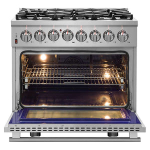 FORNO Massimo 36″ 5.36 cu. ft. Freestanding Dual Fuel Range with 6 Sealed Burners, Air Fryer Kit, Wok Support & Griddle in Stainless Steel, FFSGS6125-36