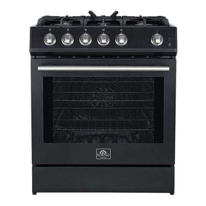 FORNO Espresso Leonardo 30" 5 cu. ft. Gas Range in Black with Stainless Steel Handles, FFSGS1116-30BLK