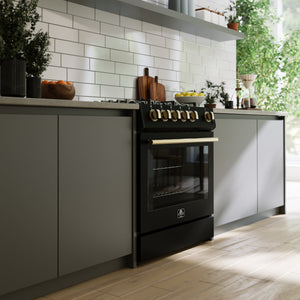 FORNO Espresso Package - 30" Gas Range, Over-The-Range Microwave and Dishwasher in Black with Antique Brass Accents, AP3-1116BLK-A10