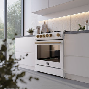 FORNO Espresso Package - 30" Gas Range, Over-The-Range Microwave, 30" Refrigerator with Ice Maker and Dishwasher in White with Stainless Steel Accents, AP4-1116WHT-S13