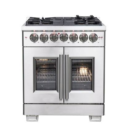FORNO Capriasca 30" 4.32 cu. ft. French Door Dual Fuel Range with 5 Brass Burners, Air Fryer Kit, Rotisserie Kit, Wok Support & Griddle in Stainless Steel, FFSGS6387-30