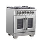 FORNO Capriasca 30" 4.32 cu. ft. French Door Dual Fuel Range with 5 Brass Burners, Air Fryer Kit, Rotisserie Kit, Wok Support & Griddle in Stainless Steel, FFSGS6387-30