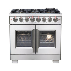 FORNO Capriasca 36" 5.36 cu. ft. Dual Fuel Range with 6 Brass Burners, Air Fryer Kit, Rotisserie Kit, Wok Support & Griddle in Stainless Steel, FFSGS6387-36