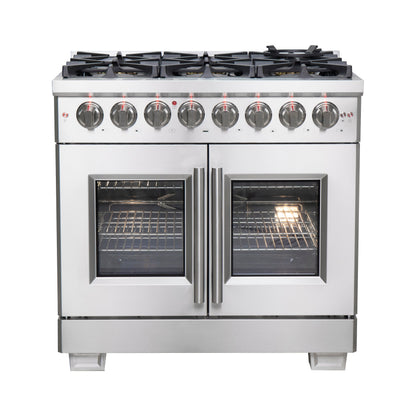 FORNO Capriasca 36" 5.36 cu. ft. Dual Fuel Range with 6 Brass Burners, Air Fryer Kit, Rotisserie Kit, Wok Support & Griddle in Stainless Steel, FFSGS6387-36