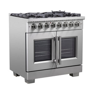 FORNO Capriasca 36" 5.36 cu. ft. Dual Fuel Range with 6 Brass Burners, Air Fryer Kit, Rotisserie Kit, Wok Support & Griddle in Stainless Steel, FFSGS6387-36
