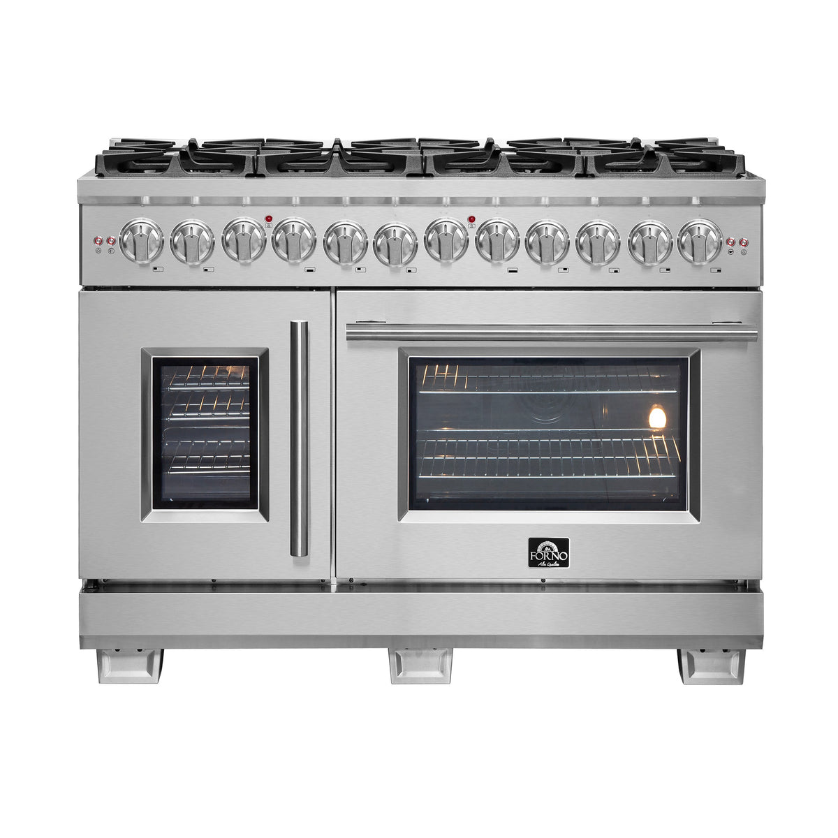FORNO Capriasca 48" 6.58 cu. ft. Dual Fuel Range with 8 Brass Burners, Air Fryer Kit, Rotisserie Kit, Wok Support & Griddle in Stainless Steel, FFSGS6387-48