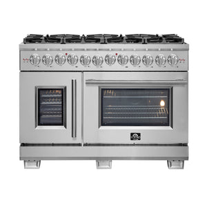 FORNO Capriasca 48" 6.58 cu. ft. Dual Fuel Range with 8 Brass Burners, Air Fryer Kit, Rotisserie Kit, Wok Support & Griddle in Stainless Steel, FFSGS6387-48