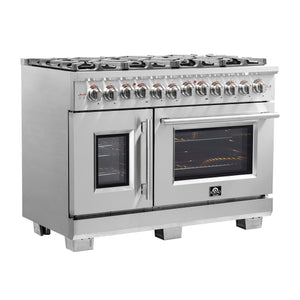FORNO Capriasca 48" 6.58 cu. ft. Dual Fuel Range with 8 Brass Burners, Air Fryer Kit, Rotisserie Kit, Wok Support & Griddle in Stainless Steel, FFSGS6387-48