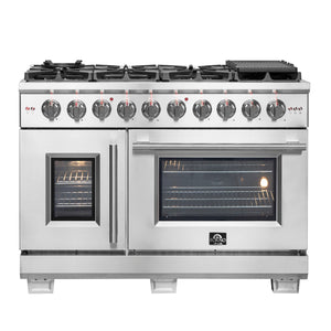 FORNO Capriasca 48" 6.58 cu. ft. French Door Gas Range with 8 Brass Burners, Air Fryer Kit, Rotisserie Kit, Wok Support & Griddle in Stainless Steel, FFSGS6460-48