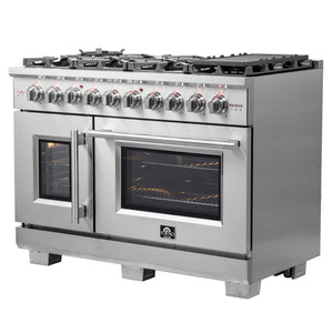 FORNO Capriasca 48" 6.58 cu. ft. French Door Gas Range with 8 Brass Burners, Air Fryer Kit, Rotisserie Kit, Wok Support & Griddle in Stainless Steel, FFSGS6460-48
