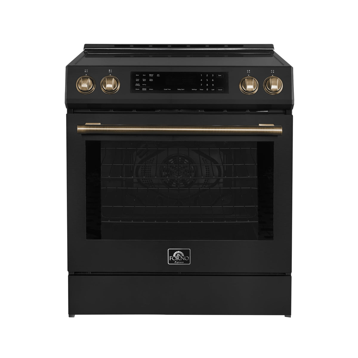 FORNO Espresso Donatello 30" 5 cu. ft. Induction Range with Air Fry and Self-Clean in Black and Antique Brass Handles, FFSIN0905-30BLK