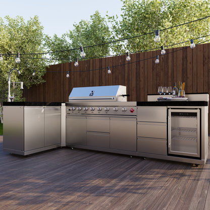 FORNO Bulnes Outdoor Kitchen - 40" BBQ, 95,000 BTU, 5 Burners, Sear & Rotisserie Infrared with Side Burner, Stainless Steel Outdoor Kitchen with 1.8 cu.ft. Beverage Center and Black Granite Countertops
