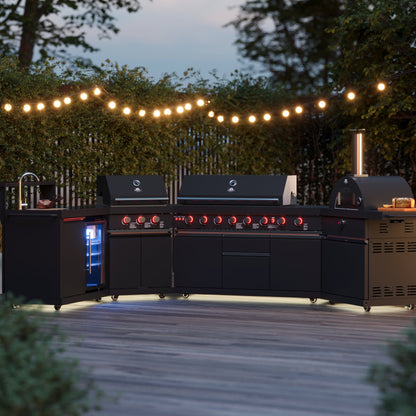 FORNO All’Aperto Outdoor Kitchen - 99,600 BTU BBQ with 5 Stainless-Steel Burners, Infrared Burners & Side Burner, 36,000 BTU Plancha, 19,000 BTU Gas Pizza Oven, Sink & Bar Module with Black Sintered Stone Countertops