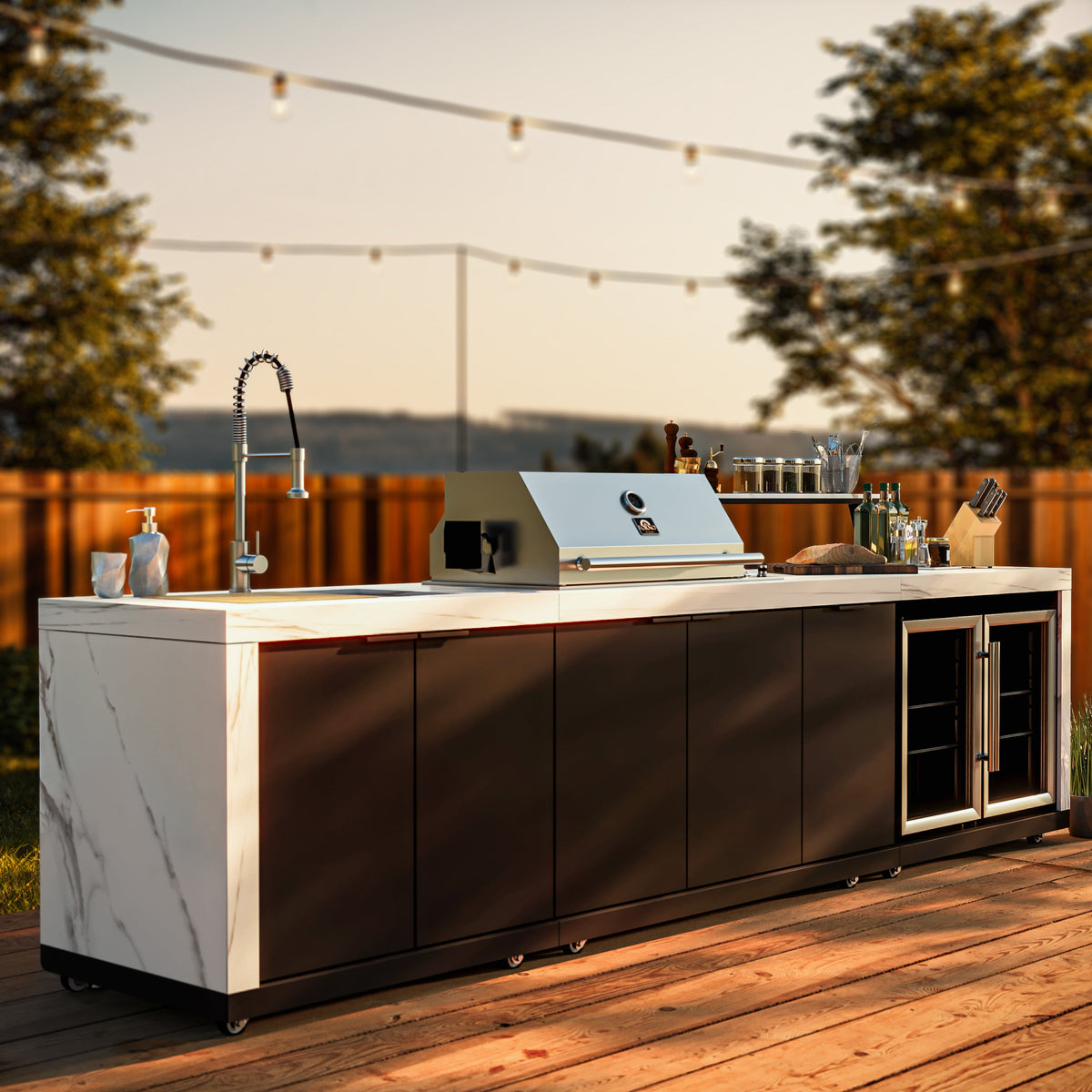 Forno Rimini Outdoor Kitchen - 30" BBQ, 62,600 BTU, 3 Burners with Sear & Rotisserie, 4.8 cu.ft. Beverage Center, Stainless Steel Double Sink, Black Cabinets & White Sintered Stone Countertops