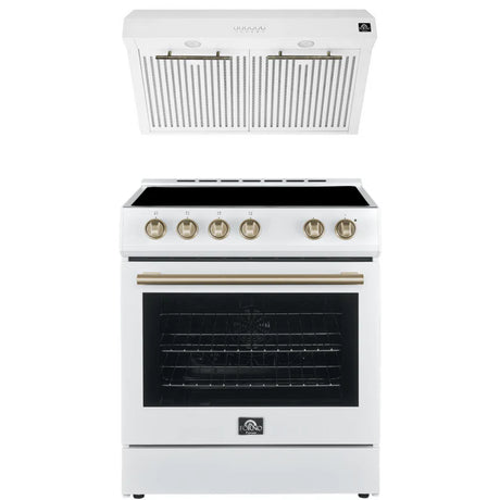 Forno - 2 Piece Kitchen Package - 30" Electric Range & 30" Range Hood in White and Antique Brass Finish