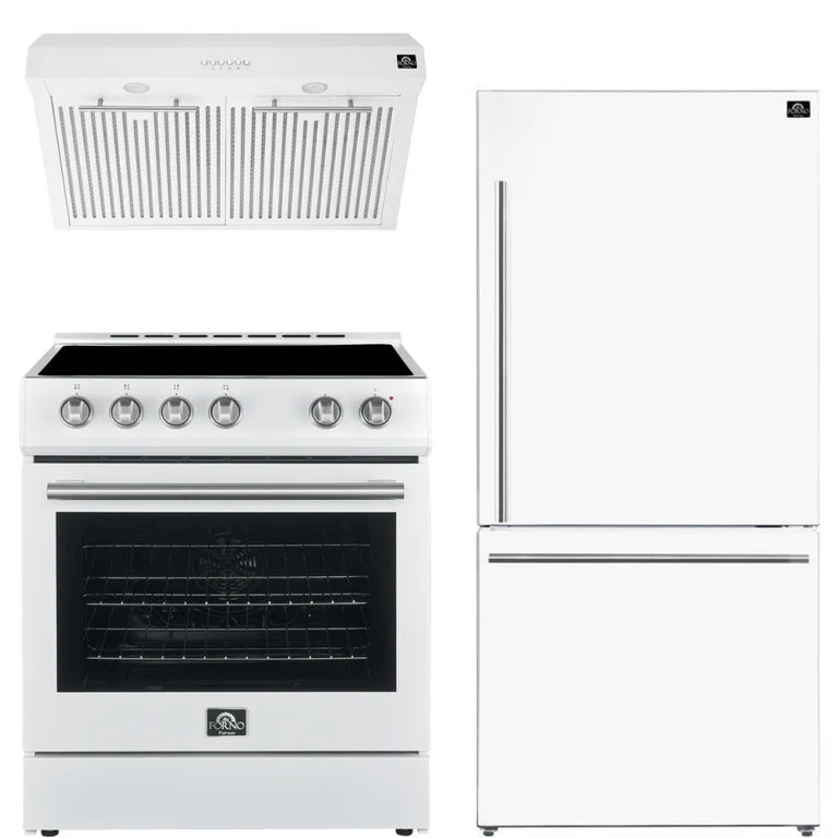 Forno - 3 Piece Kitchen Package - 30" Electric Range, 30" Range Hood & 30" Refrigerator in White and Silver Finish