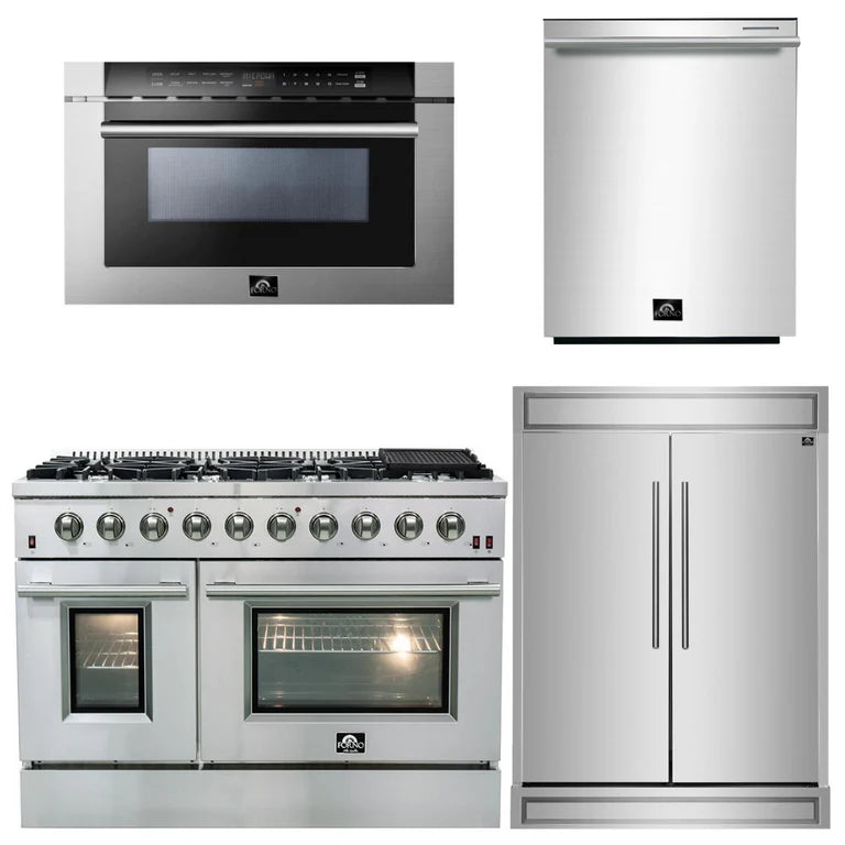 Forno - 4 Piece Kitchen Package - 48" Gas Range, 60" Refrigerator, Dishwasher and Built-in Microwave