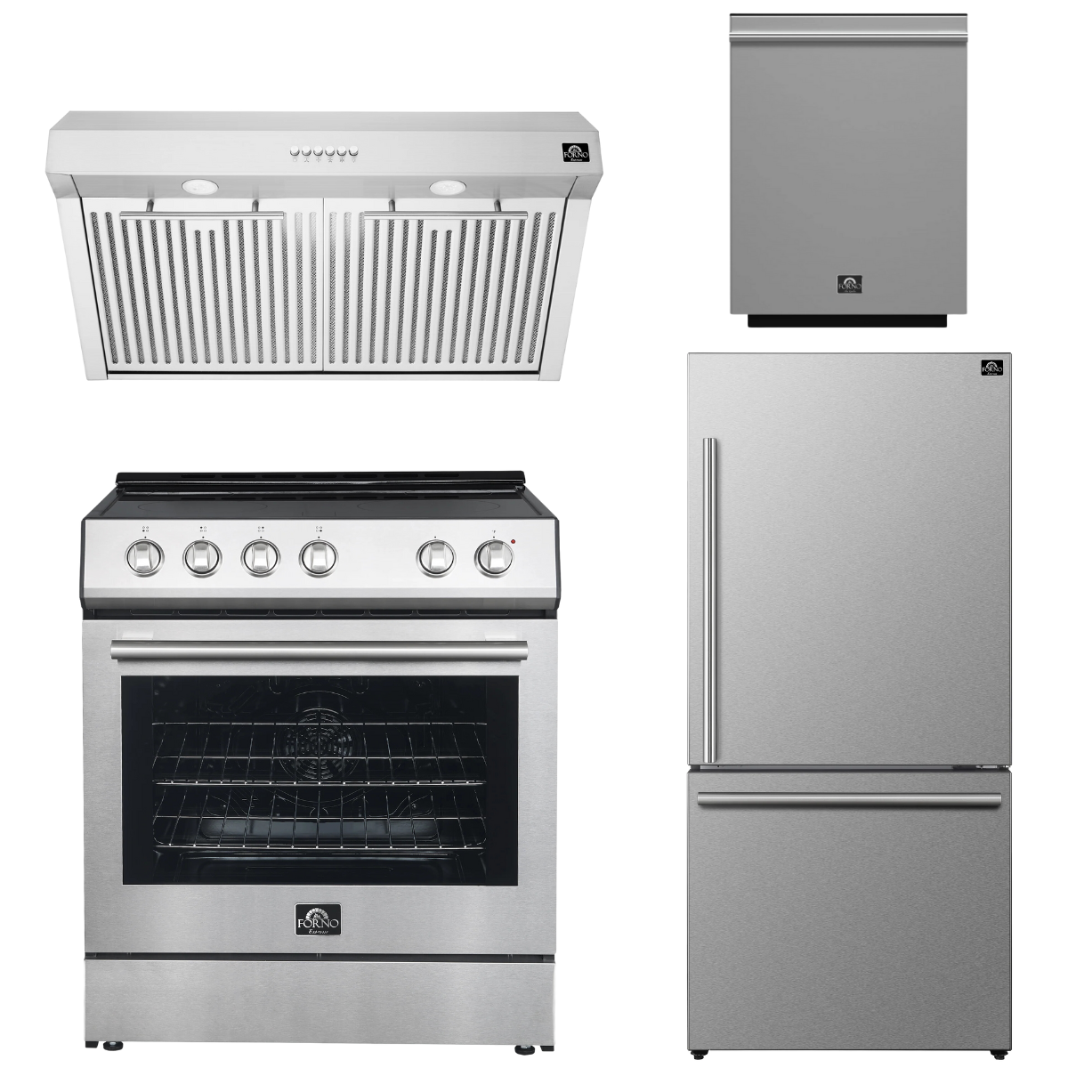 FORNO Espresso Package - 30" Electric Range, Range Hood, Refrigerator and Dishwasher in Stainless Steel