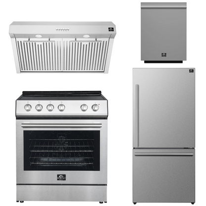 FORNO Espresso Package - 30" Electric Range, Range Hood, Refrigerator and Dishwasher in Stainless Steel