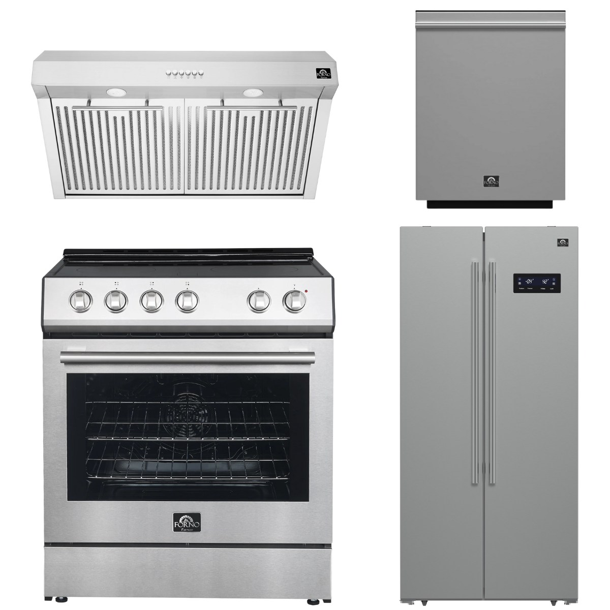 FORNO Espresso Package - 30" Electric Range, Range Hood, Refrigerator and Dishwasher in Stainless Steel
