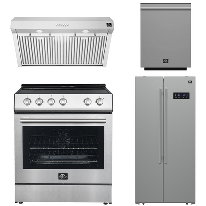 FORNO Espresso Package - 30" Electric Range, Range Hood, Refrigerator and Dishwasher in Stainless Steel