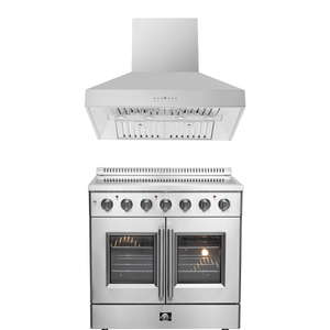 FORNO Package - 36" Electric French Door Range and Wall Mount Range Hood, AP-FFSEL6917-36-2PK-1