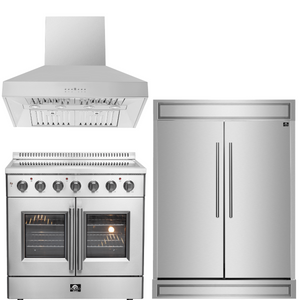 FORNO Package - 36" Electric French Door Range, Wall Mount Range Hood and Refrigerator, AP-FFSEL6917-36-3PK-1