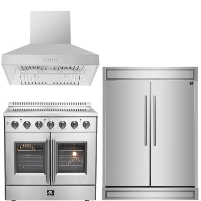 FORNO Package - 36" Electric French Door Range, Wall Mount Range Hood and Refrigerator, AP-FFSEL6917-36-3PK-1