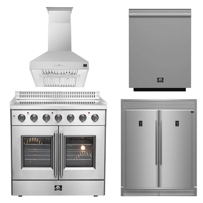 FORNO Package - 36" Electric French Door Range, Wall Mount Range Hood, Refrigerator and Dishwasher, AP-FFSEL6917-36-4PK-1
