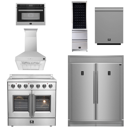 FORNO Package - 36" Electric French Door Range, Wall Mount Range Hood, Refrigerator, Dishwasher, Microwave and Wine Cooler, AP-FFSEL6917-36-6PK-1