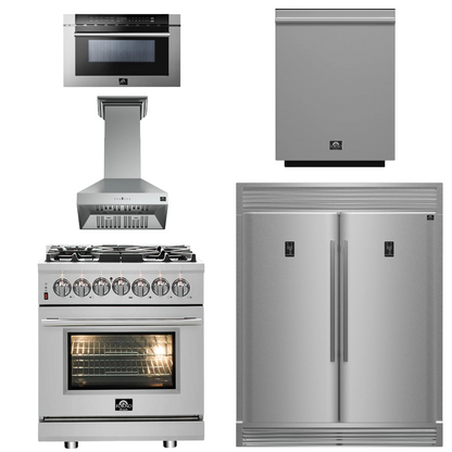 FORNO Appliance Package - 30" Dual Fuel Range, 30" Range Hood, 60" Refrigerator, Dishwasher, Microwave Drawer, AP-FFSGS6125-30-W-8