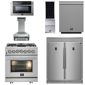 FORNO Appliance Package - 30" Dual Fuel Range, 30" Range Hood, 60" Refrigerator, Dishwasher, Microwave Drawer, Wine Cooler, AP-FFSGS6125-30-W-9