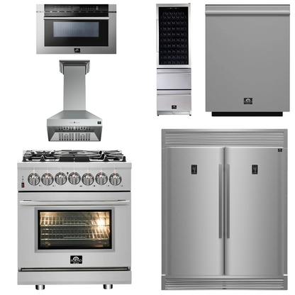 FORNO Appliance Package - 30" Dual Fuel Range, 30" Range Hood, 60" Refrigerator, Dishwasher, Microwave Drawer, Wine Cooler, AP-FFSGS6125-30-W-9