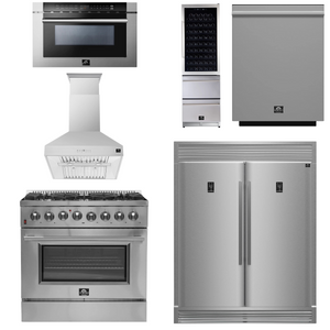 FORNO Appliance Package - 36 Inch Dual Fuel Range, Range Hood, Refrigerator, Microwave Drawer, Dishwasher, Wine Cooler, AP-FFSGS6156-36-W-9