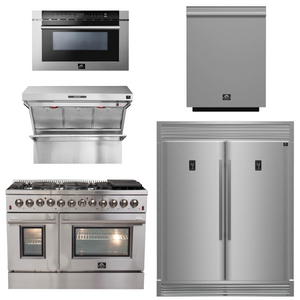 FORNO Package - 48 Inch Dual Fuel Range, Wall Mount Range Hood, Refrigerator, Microwave Drawer, Dishwasher, AP-FFSGS6156-48-8