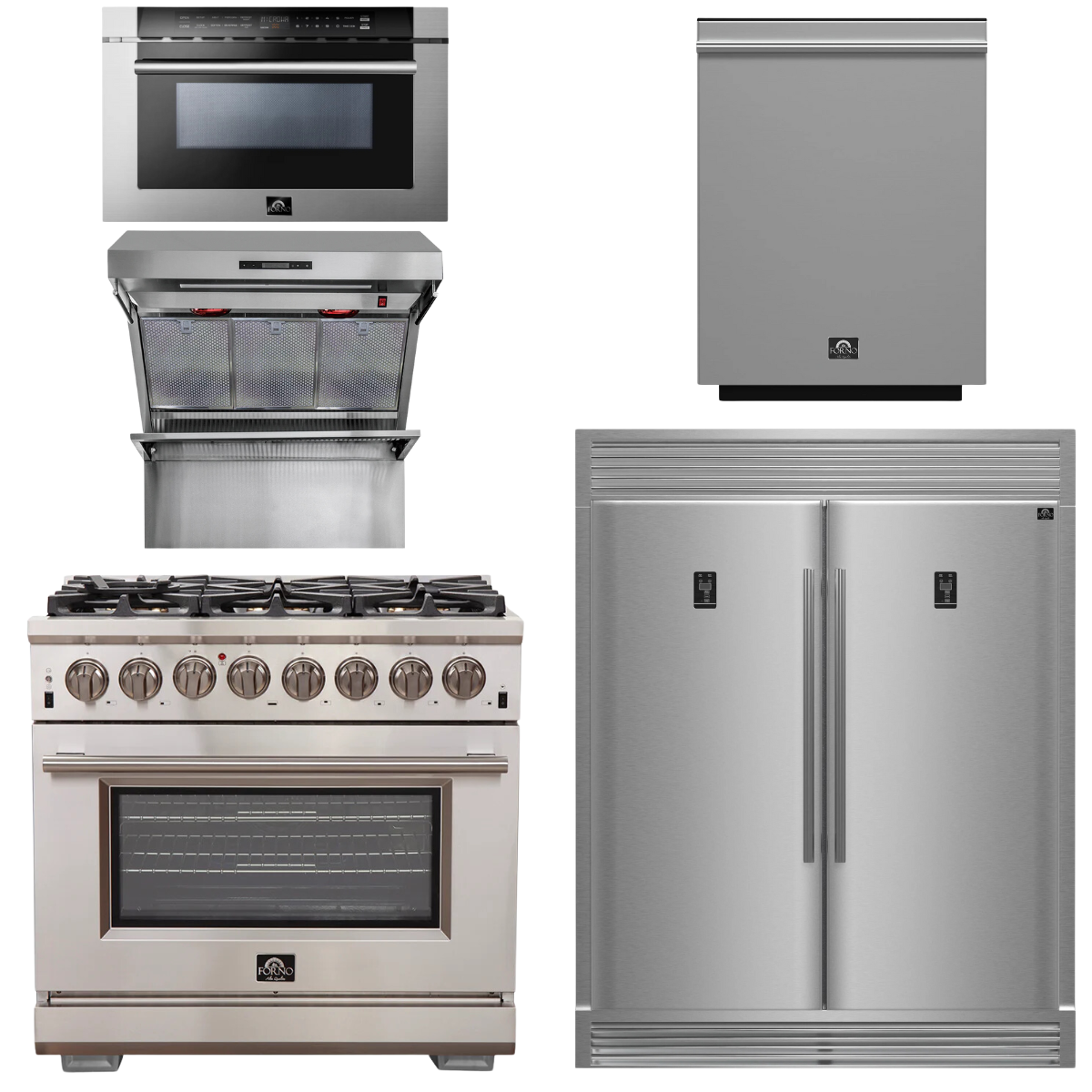 FORNO Package - 36" Dual Fuel Range, Range Hood, Refrigerator, Microwave, Dishwasher, AP-FFSGS6187-36-8