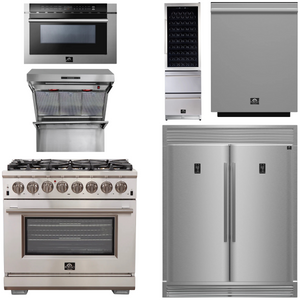 FORNO Package - 36" Dual Fuel Range, Range Hood, Refrigerator, Microwave, Dishwasher, Wine Cooler, AP-FFSGS6187-36-9