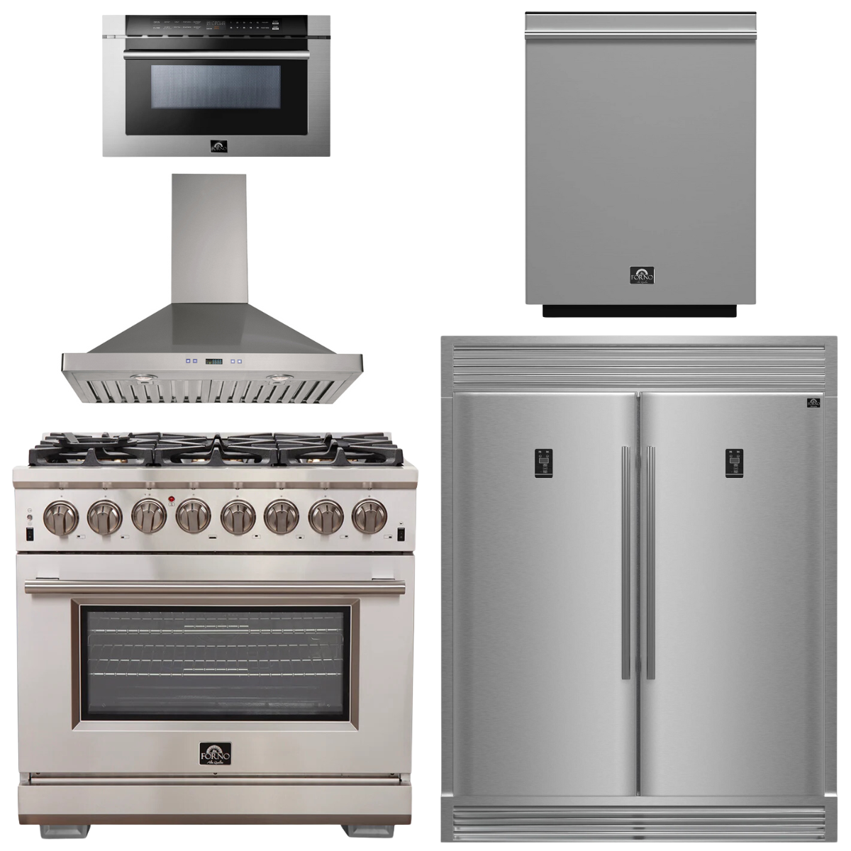 FORNO Package - 36" Dual Fuel Range, Range Hood, Refrigerator, Microwave, Dishwasher