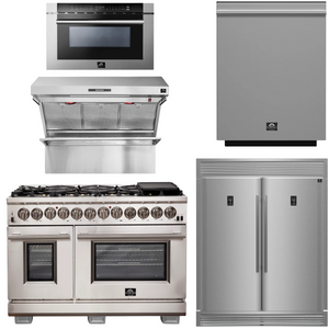 FORNO Package - 48" Dual Fuel Range, Wall Mount Range Hood, Refrigerator, Microwave, Dishwasher